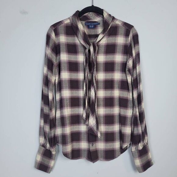 Ralph Lauren Womens Plaid Wool Flannel Button Up Top Size 4 Purple Old Money - Picture 1 of 6